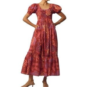 NEW FARM RIO X ANTHROPOLOGIE Puff-Sleeve Smocked Maxi Dress Size XS